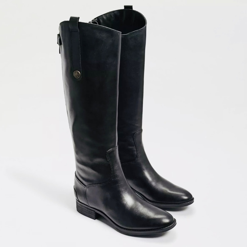 Sam Edelman Black Leather Tall Calf Knee High Width Penny Zip Up Riding Boots